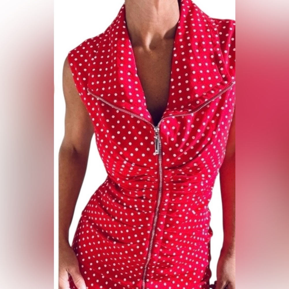 Joseph Ribkoff red polka dot sleeveless bodycon dress with zipper front size 4
